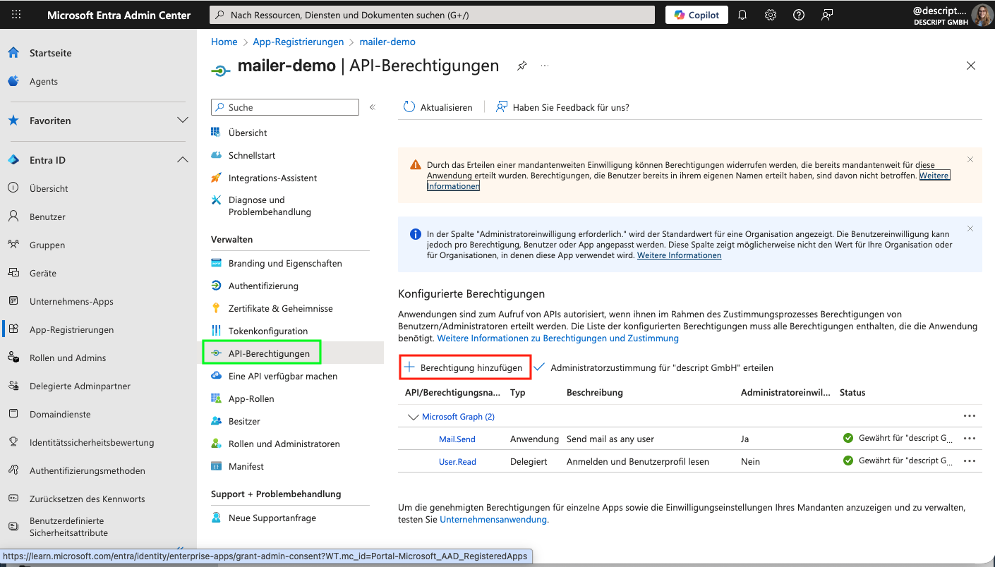 Screenshot aus dem MS Entra Admin Center. Zu sehen sind die API-Berechtigungen.