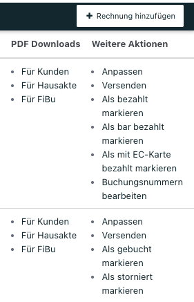 Rechter Bereich der Rechnungsübersicht in NoahHaus mit PDF-Downloads für Kunden, Hausakte und FiBu sowie Aktionen zum Anpassen, Versenden und Bearbeiten des Zahlungsstatus.