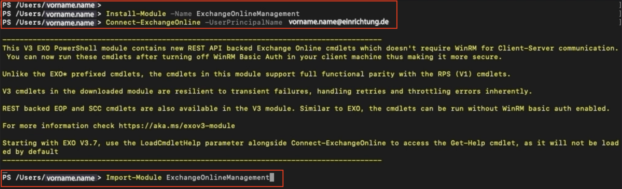 Screenshot aus PowerShell. Zu sehen ist das installierte Modul sowie die Anmeldung.