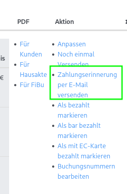 Aktionsmenü einer Rechnung in NoahHaus. Grün markiert ist die Option „Zahlungserinnerung per E-Mail versenden“.