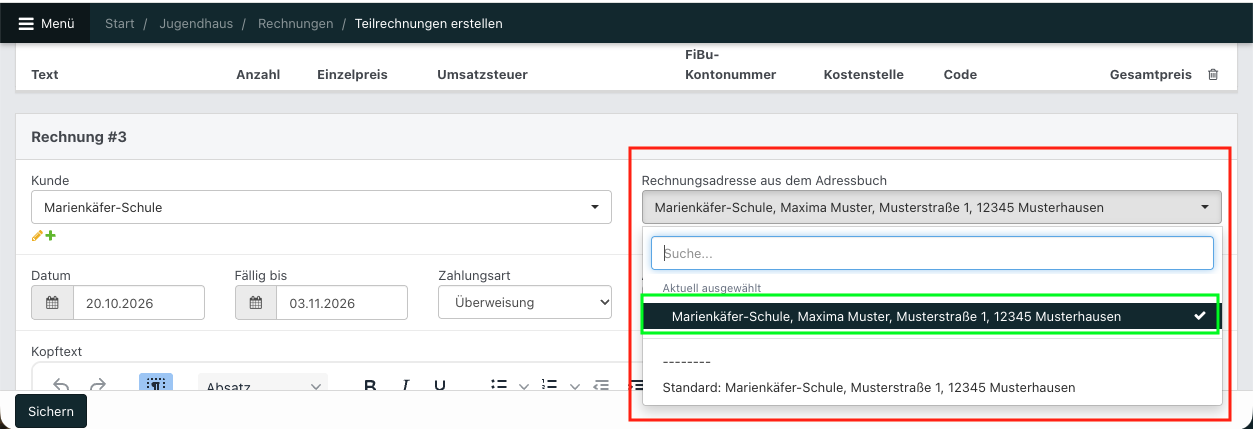 Teilrechnung in NoahHaus mit geöffneter Auswahl der Rechnungsadressen. Rot markiert ist das Auswahlmenü, grün die ausgewählte Rechnungsadresse.