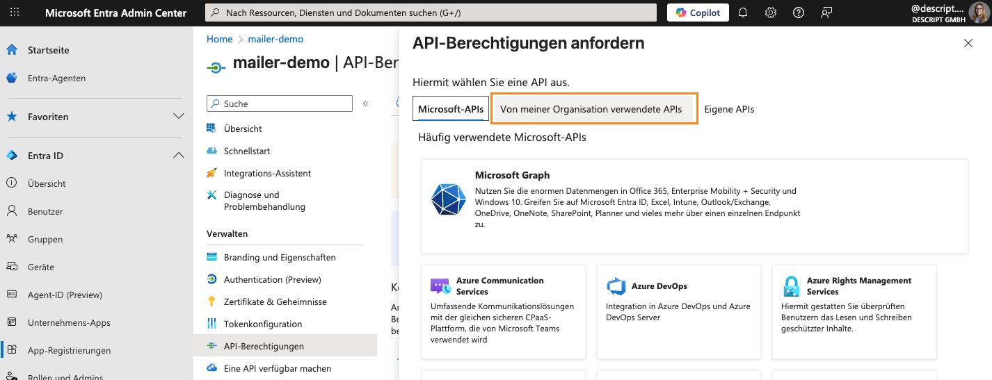 Screenshot aus dem MS Entra Admin Center. Zu sehen ist das Anfordern der API-Berechtigungen.