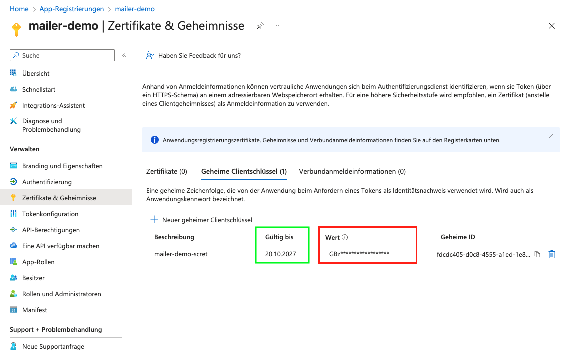 Screenshot aus dem MS Entra Admin Center. Zu sehen ist die Übersicht über Zertifikate und Geheimnisse mit Fokus auf den Werten.