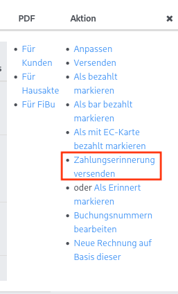 Aktionsmenü einer Rechnung in NoahHaus. Rot markiert ist die Option „Zahlungserinnerung versenden“.