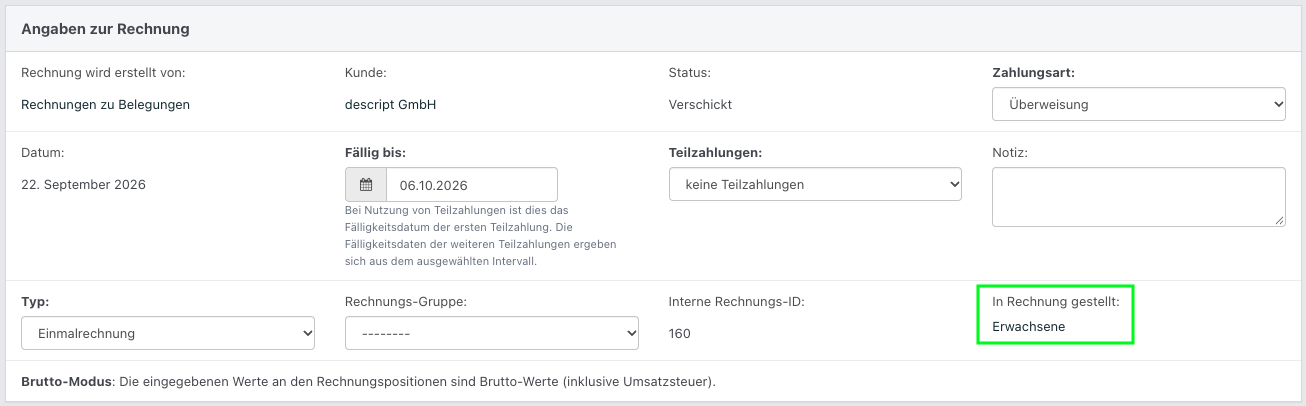 Rechnungsdetails in NoahHaus mit Angaben zu Kunde, Status, Zahlungsart, Fälligkeit und Rechnungstyp. Grün markiert ist das Feld „In Rechnung gestellt: Erwachsene“.