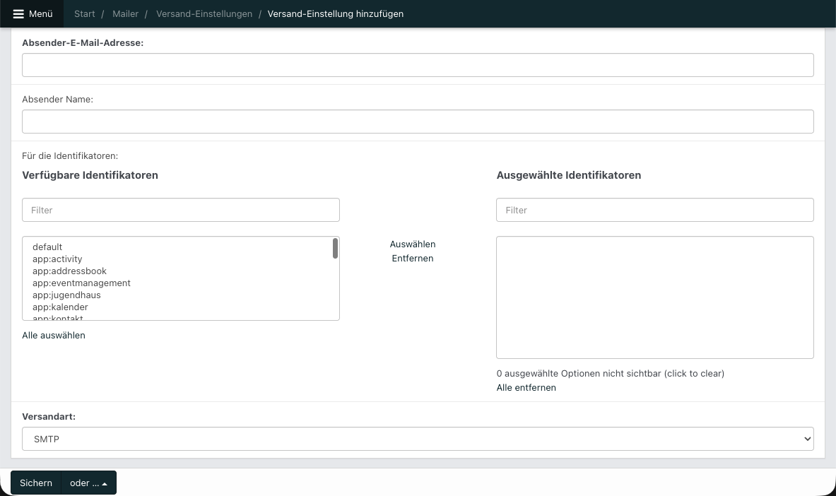 Screenshot aus Noahworks, zu sehen ist die Übersicht über die Versand-Einstellungen.