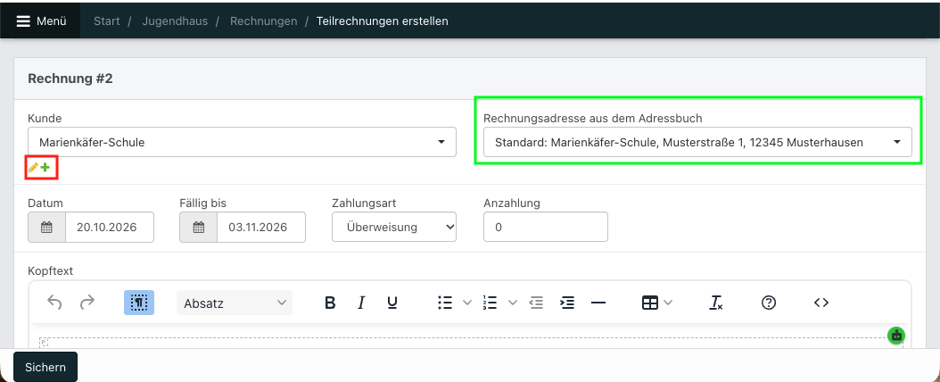 Teilrechnung in NoahHaus mit Kundenauswahl und Rechnungsadresse. Grün markiert ist die Rechnungsadresse, rot die Symbole zum Bearbeiten und Hinzufügen eines Kunden.