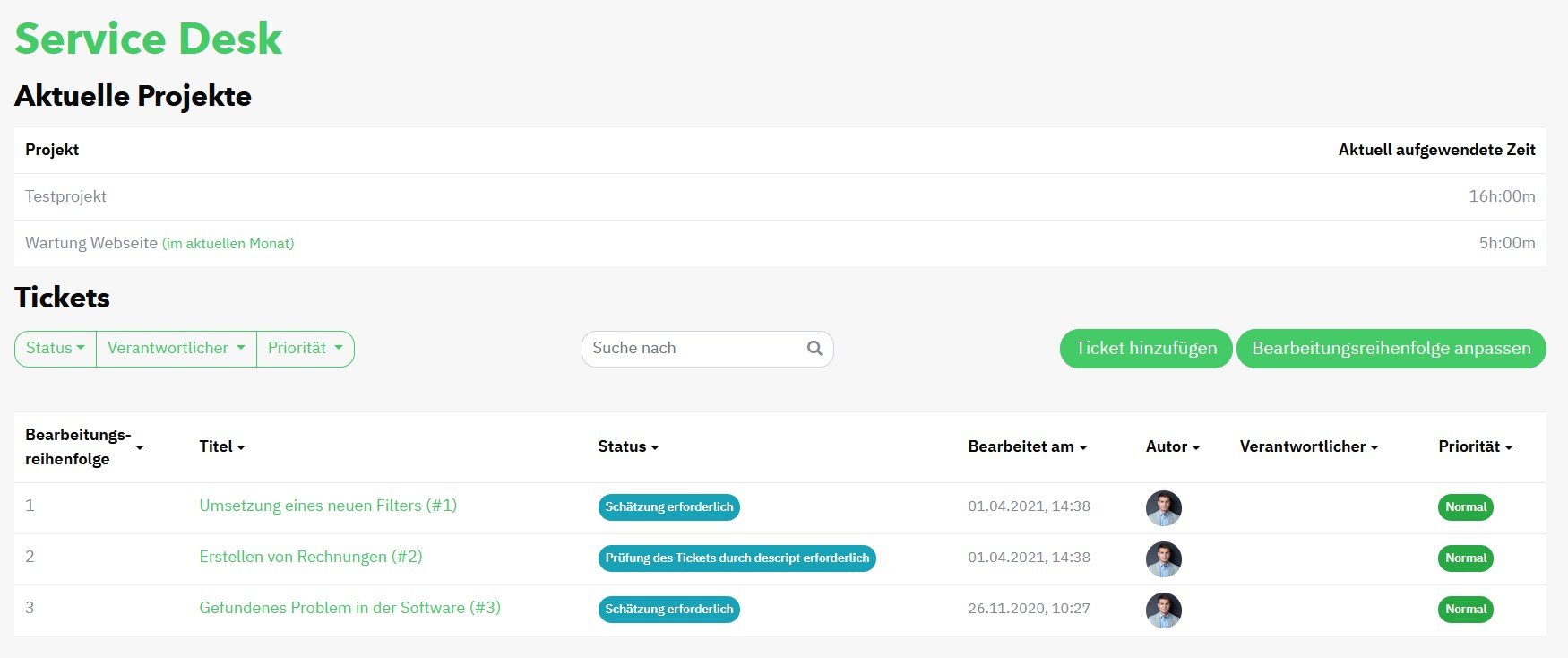 Screenshot von unserem Service-Desk mit Projekt-Zeiten
