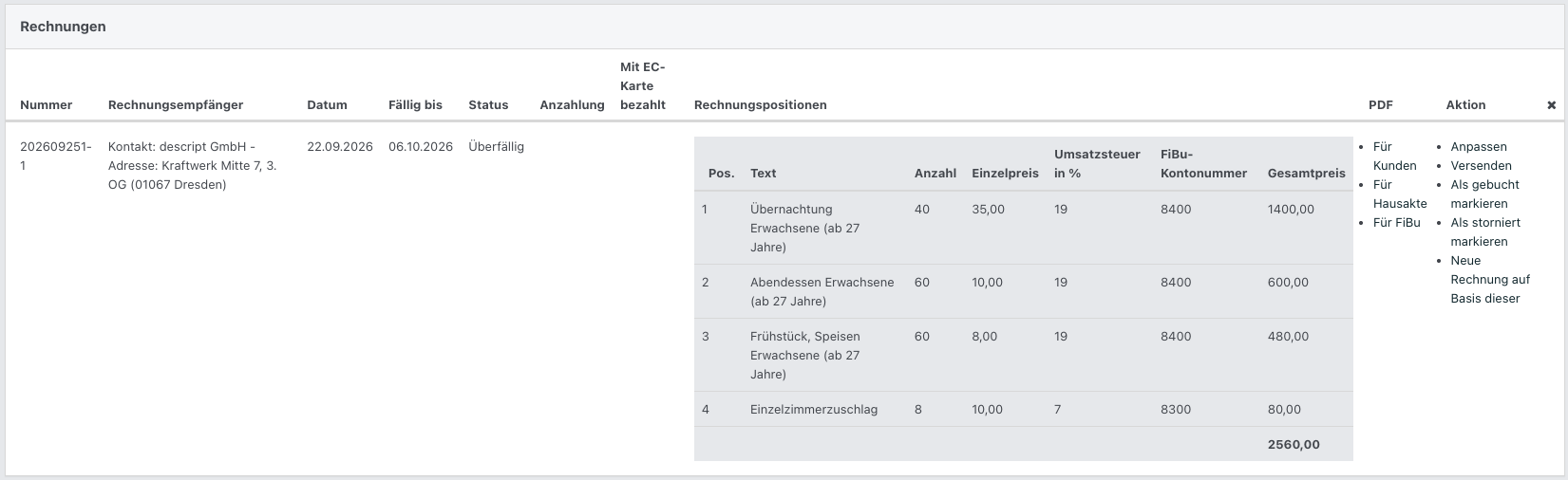 Rechnungsübersicht in NoahHaus mit Rechnungsdetails, Empfänger, Status und aufgeklappten Rechnungspositionen sowie PDF-Downloads und weiteren Aktionen.