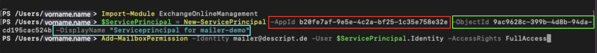 Screenshot aus PowerShell. Zu sehen ist das Anlegen einer neuen Service Principal.